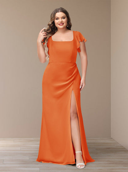 Sheath/Column Short Sleeves Chiffon Plus Size Bridesmaid Dresses with Split Side