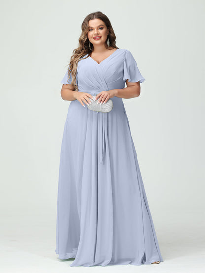 A-Line/Princess V-Neck Short Sleeves Plus Size Bridesmaid Dresses with Pockets Belt & Split Side