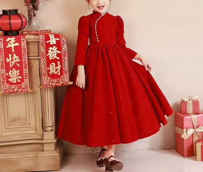 Beaded High Neck Long Sleeves Floor Length Red Girl Party Dress