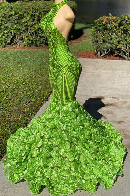 Prom Dress Green Halter Open Back Mermaid Sleeveless Flower Appliques YL0110