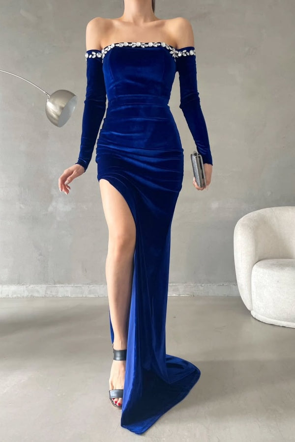 Royal Blue Velvet Strapless Split Long Sleeves Prom Dress ZT0331