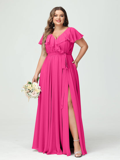 A-Line/Princess V-Neck Short Sleeves Chiffon Plus Size Bridesmaid Dresses With Pockets,Ruffles  ,Ruched & Split Side