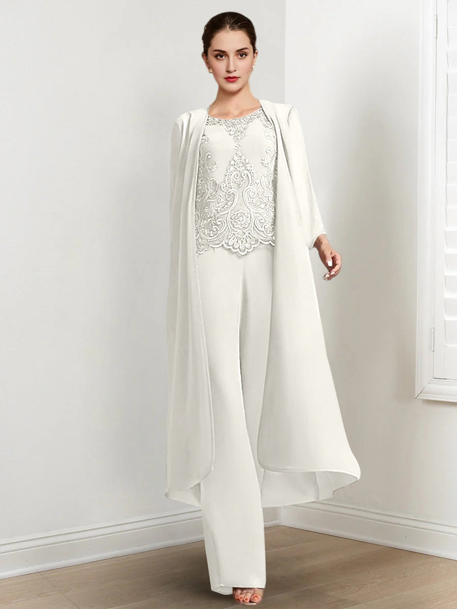 Chiffon Round Neck Floor-Length Mother Of The Bride Pantsuits With Jacket & Applique