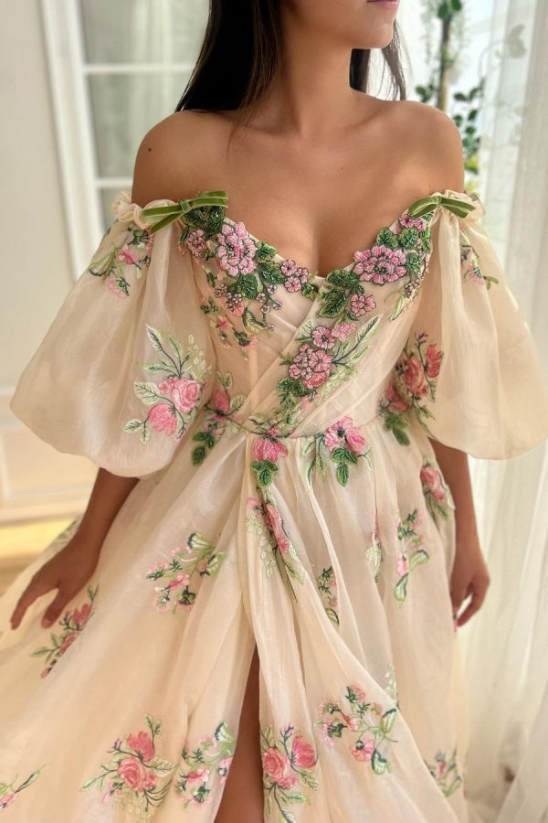 Elegant Off-The-Shoulder Floral Embroidered Split Prom Dress With Puff Sleeves ZT0144