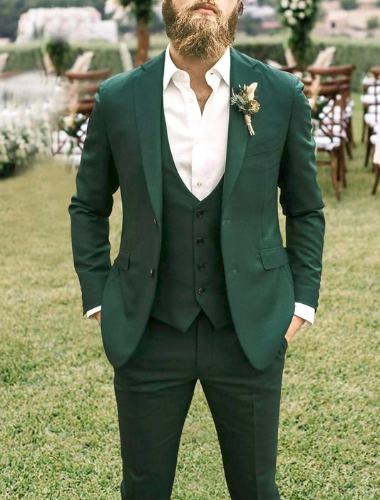 Men's Tailored Fit Single Breasted Two-buttons 3 Pieces Dark Green Wedding Suits