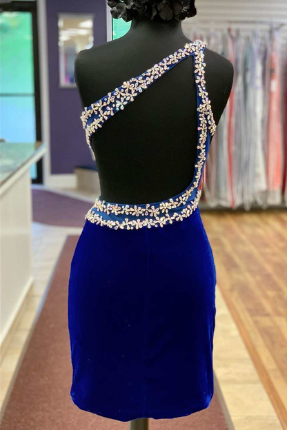 Royal Blue Velvet One-Shoulder Beaded Short Homecoming Dress gh1569