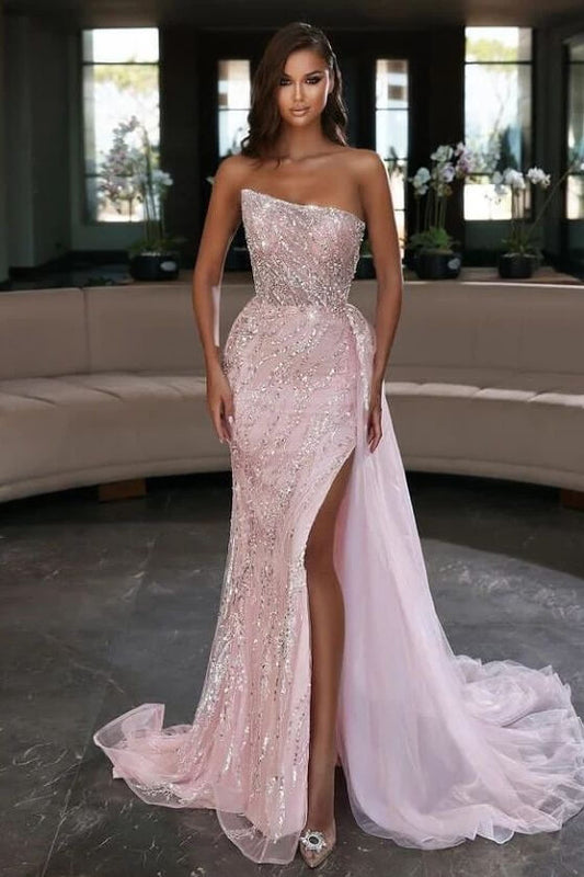 Light Pink Strapless Mermaid Sequins Prom Dress Split With Ruffles Online ED0329