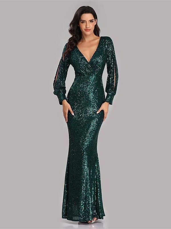 Mermaid/Trumpet V-Neck Long Sleeves Floor-Length Party Cocktail Dress with Sequins