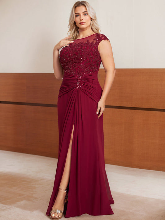 A-Line/Princess Scoop Cap sleeves Floor-Length Plus Size Mother of the Bride Dresses with Beading, Pleated & Sequins