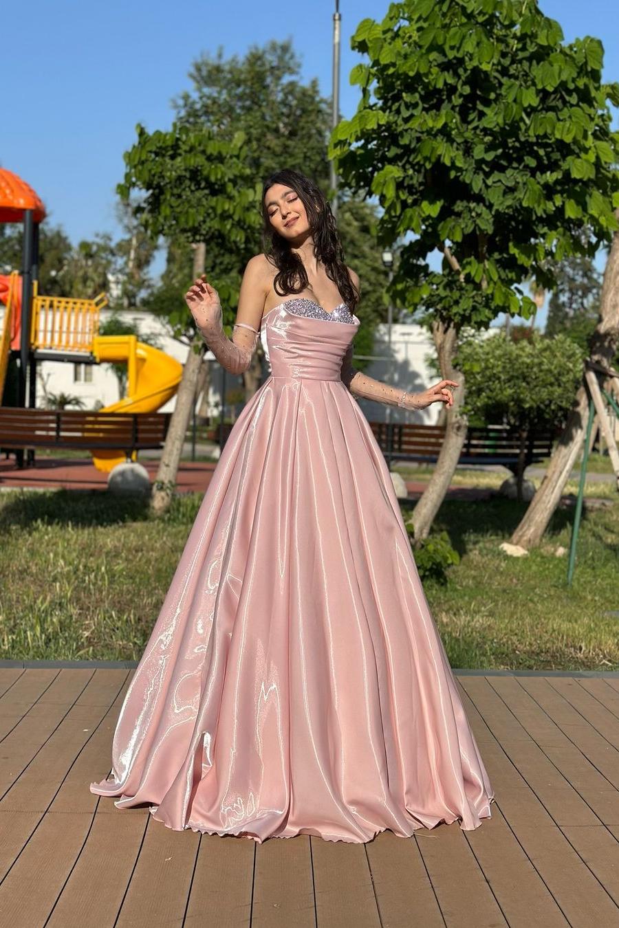 edgynewlook Stunning Pink Strapless Sleeveless Pleated Beadings Prom Dress with Gloves