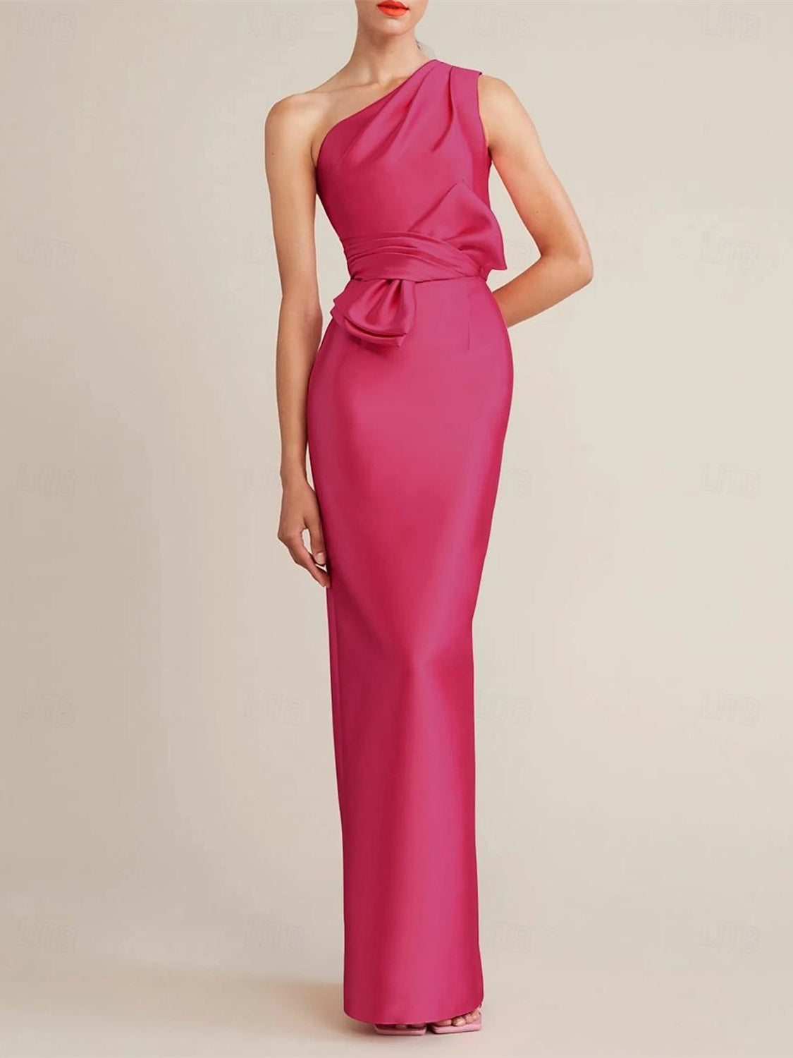 Sheath/Column  Floor Length Sleeveless One Shoulder Wedding Guest Dresses Satin with Bow(s) Pocket