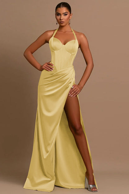 Daffodil Long Prom Dress Halter Ball Gown With Pleated Slit YL0183