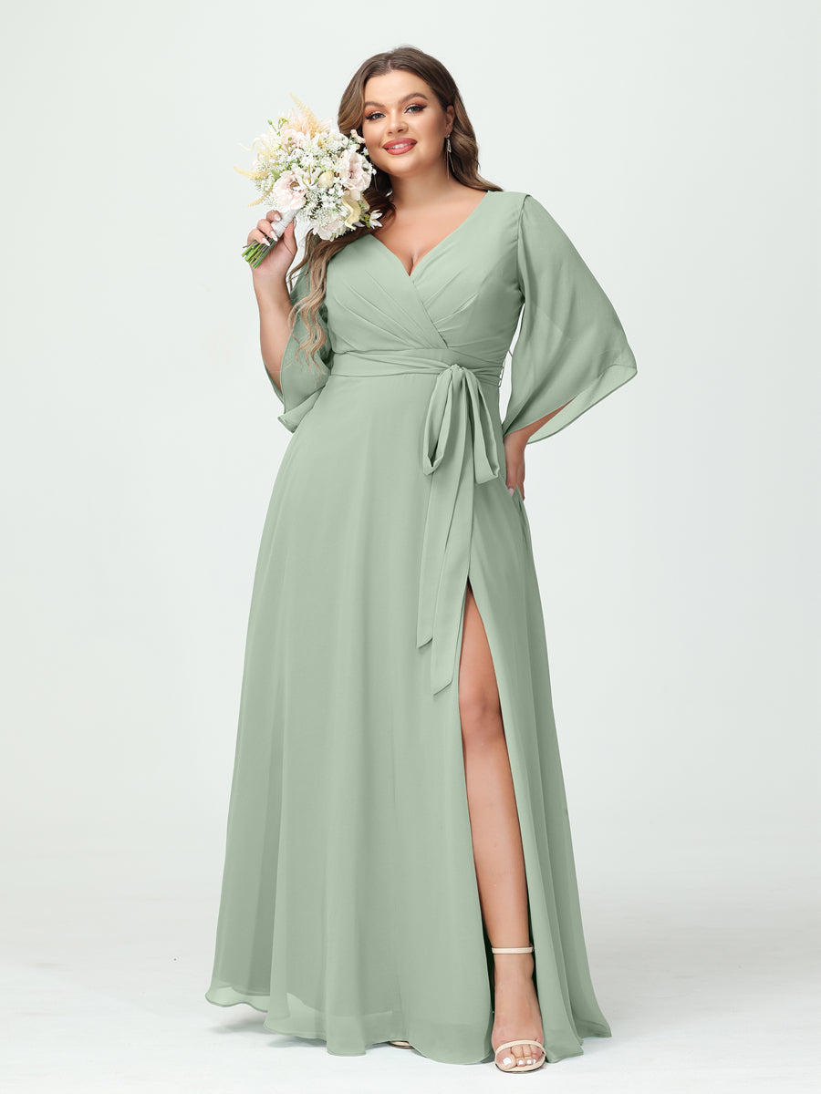 A-Line/Princess/Princess V-Neck Long Sleeves Chiffon Plus Size Bridesmaid Dresses With Pockets Belt & Split Side