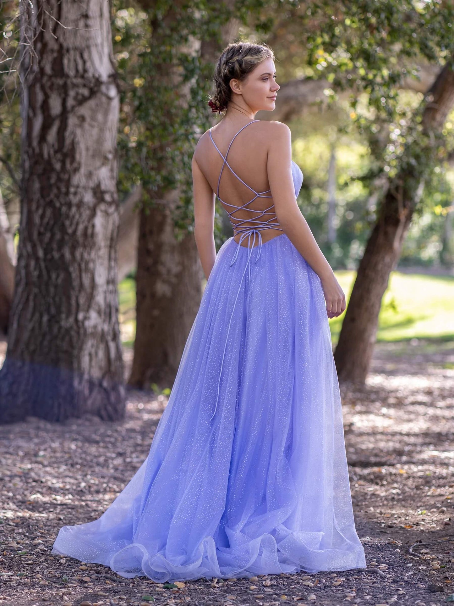 Deep V-Neck Spaghetti Straps Floor Length Tulle Prom Dress