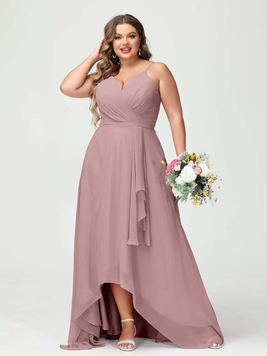 A-Line/Princess Spaghetti Straps Chiffon Ruffles Asymmetrical Plus Size Bridesmaid Dresses with Pockets