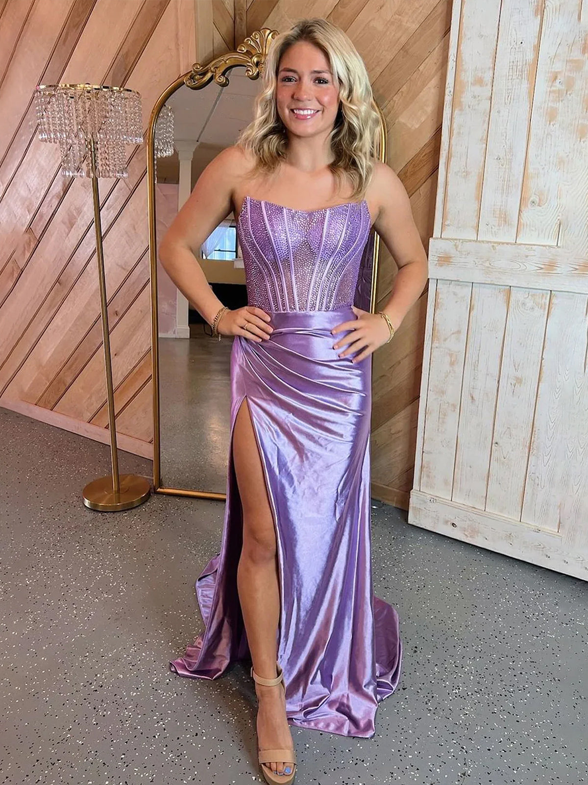 Delfina | Lilac Strapless Satin Sheath Long Prom Dresses with Slit