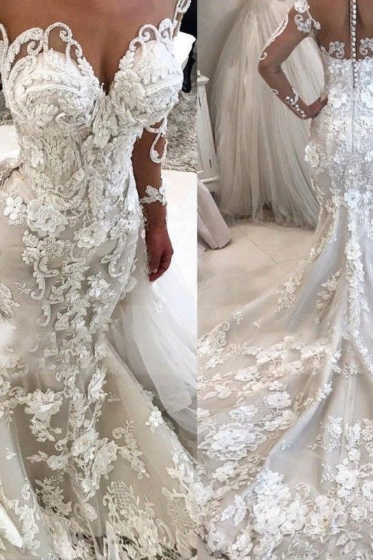 Delicate Lace Appliques Mermaid Wedding Dress Long Sleeves Bridal Gown