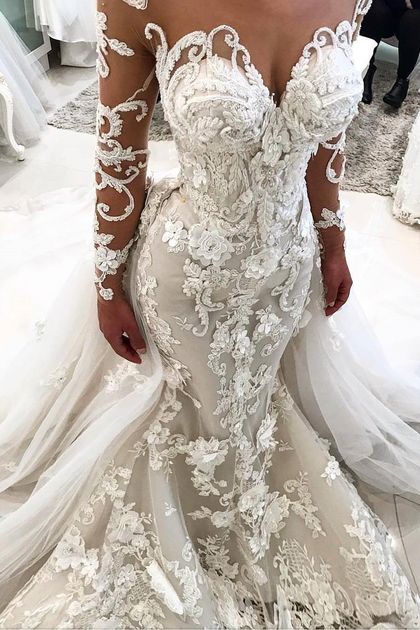 Delicate Lace Appliques Mermaid Wedding Dress Long Sleeves Bridal Gown