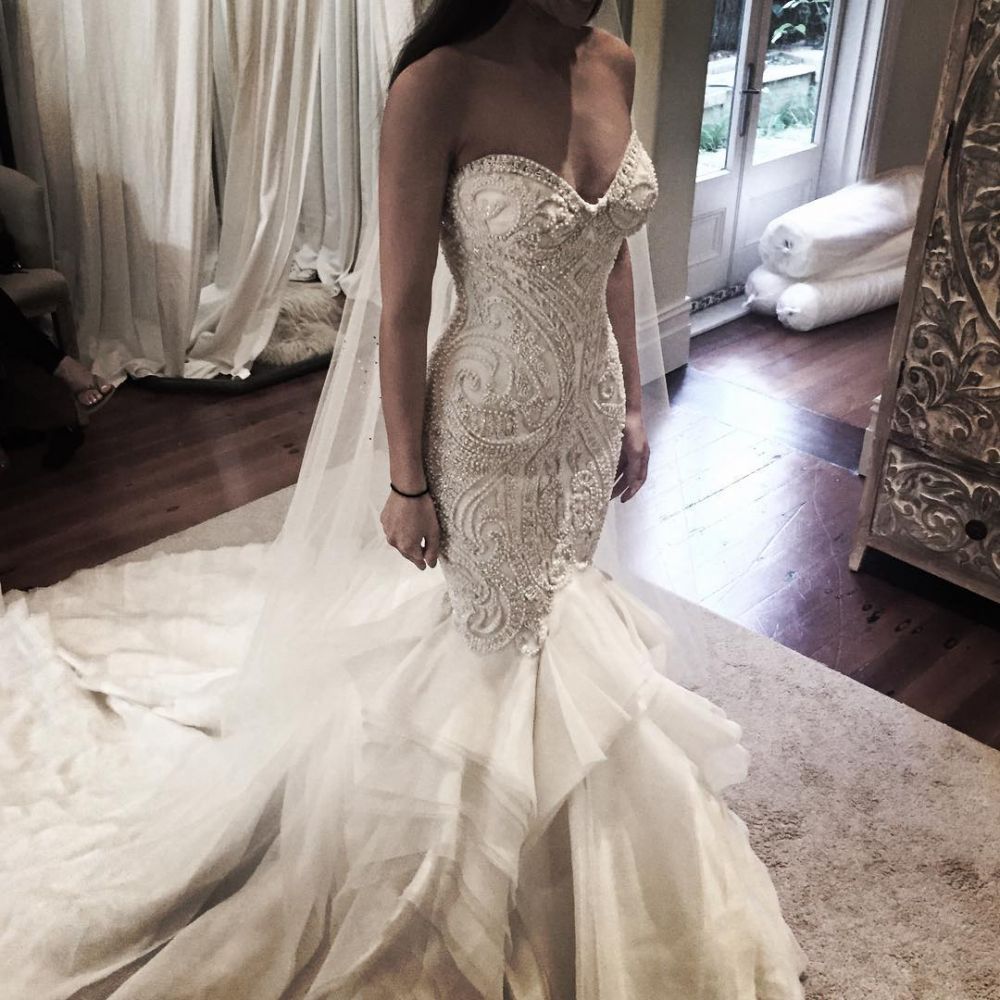 Delicate Mermaid Lace Rufflesd Wedding Dress Spaghetti Strap Bridal Gown