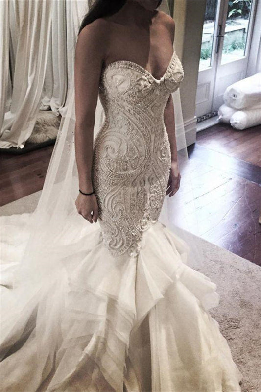 Delicate Mermaid Lace Rufflesd Wedding Dress Spaghetti Strap Bridal Gown