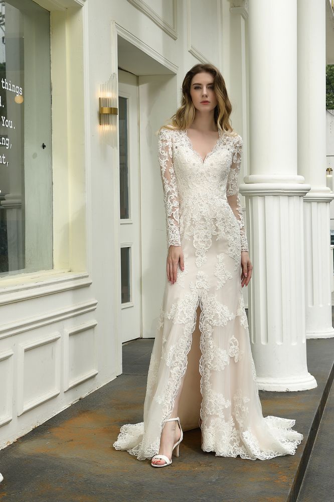 Delicate V Neck High Split Long Sleevess Lace Wedding Dress With Court Train