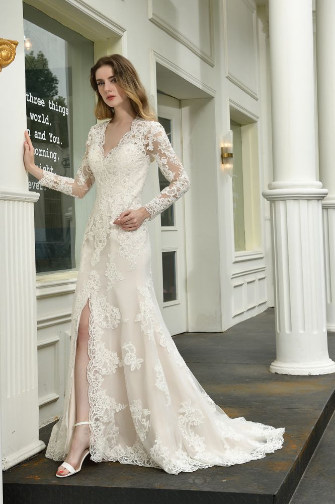 Delicate V Neck High Split Long Sleevess Lace Wedding Dress With Court Train