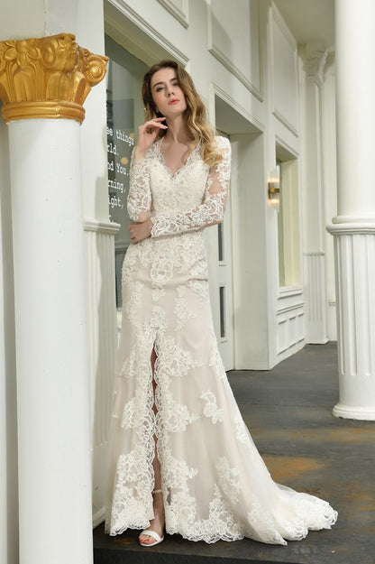 Delicate V Neck High Split Long Sleevess Lace Wedding Dress With Court Train