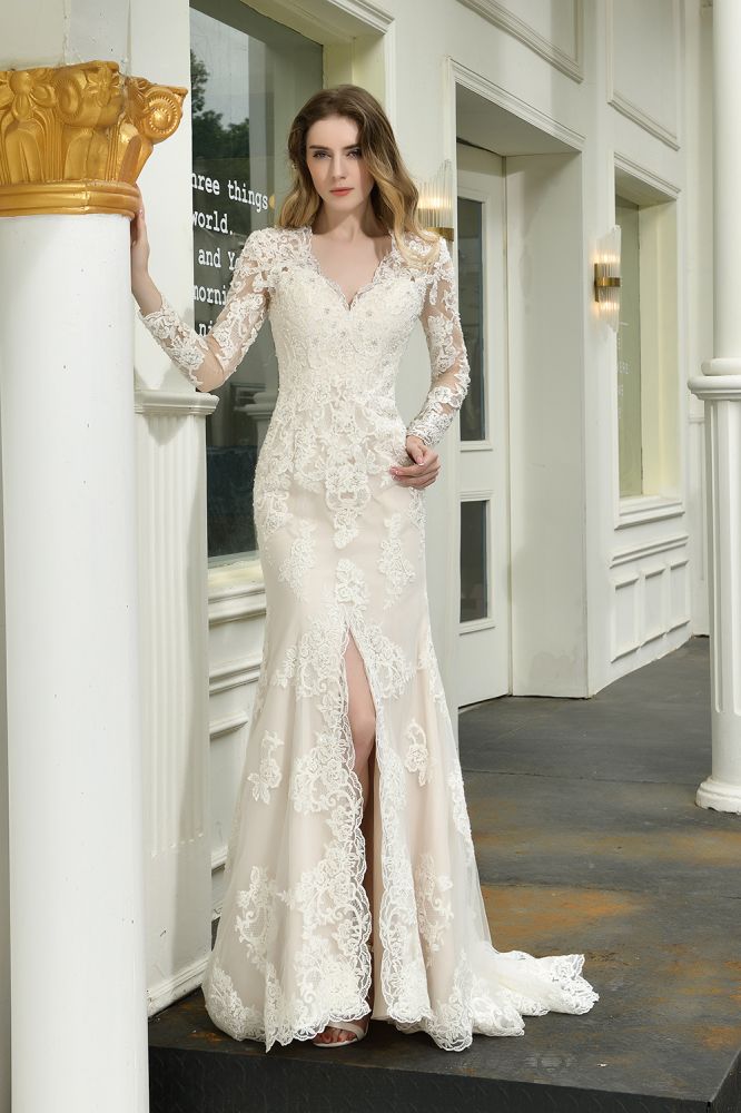 Delicate V Neck High Split Long Sleevess Lace Wedding Dress With Court Train