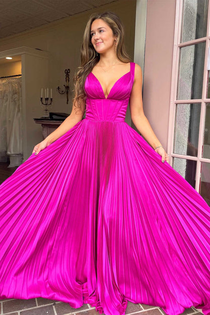 Luella | A-Line V-Neck Fuchsia Pleated Long Prom Dress