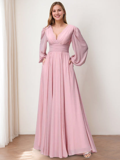 A-Line/Princess V-Neck Long Sleeves Floor-Length Bridemaid Dresses With Split Side & Pockets