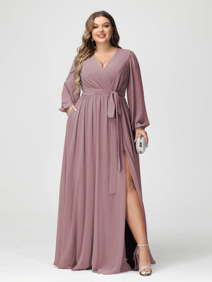 A-Line/Princess V-Neck Long Sleeves Chiffon Plus Size Bridesmaid Dresses with Pockets