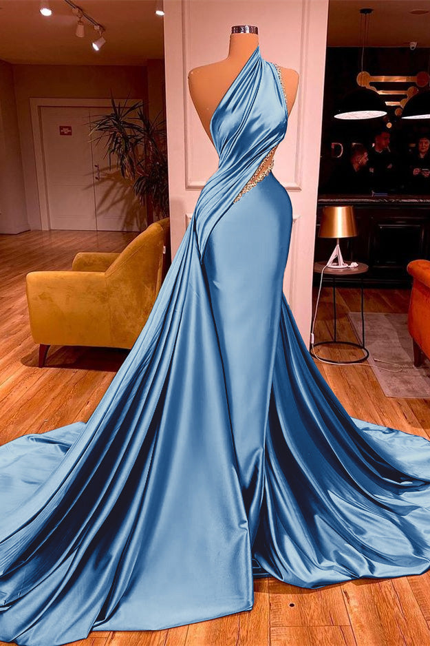 Okdais Elegant One Shoulder Prom Dress Long Mermaid Pleated Dress With Beads ED0018