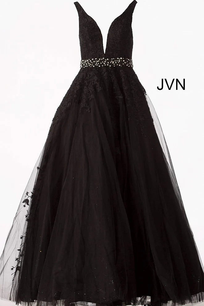 edgynewlook Black V-Neck Sleeveless Prom Dress with Applique Beadings