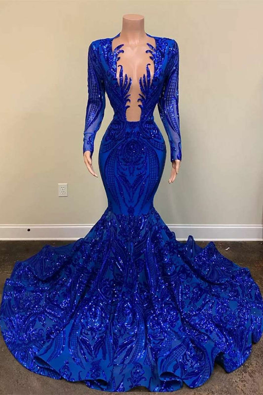 Prom Dress Royal Blue Long Sleeves Long Mermaid Heavy Appliques YL0122