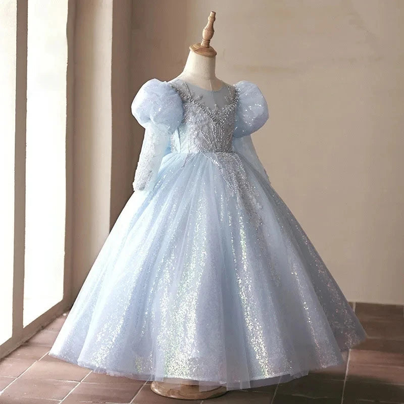 Long Sleeves Ball Gown Beading Appliques Shinning Girl Party Dress with Bow