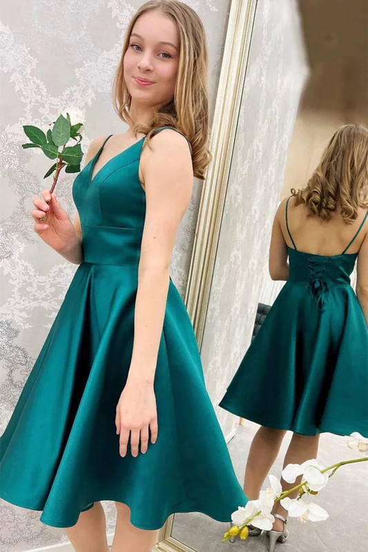 Cute V Neck Short Green Satin Prom Dress Homecoming Dress, V Neck Green Formal Graduation Evening Dress gh1755