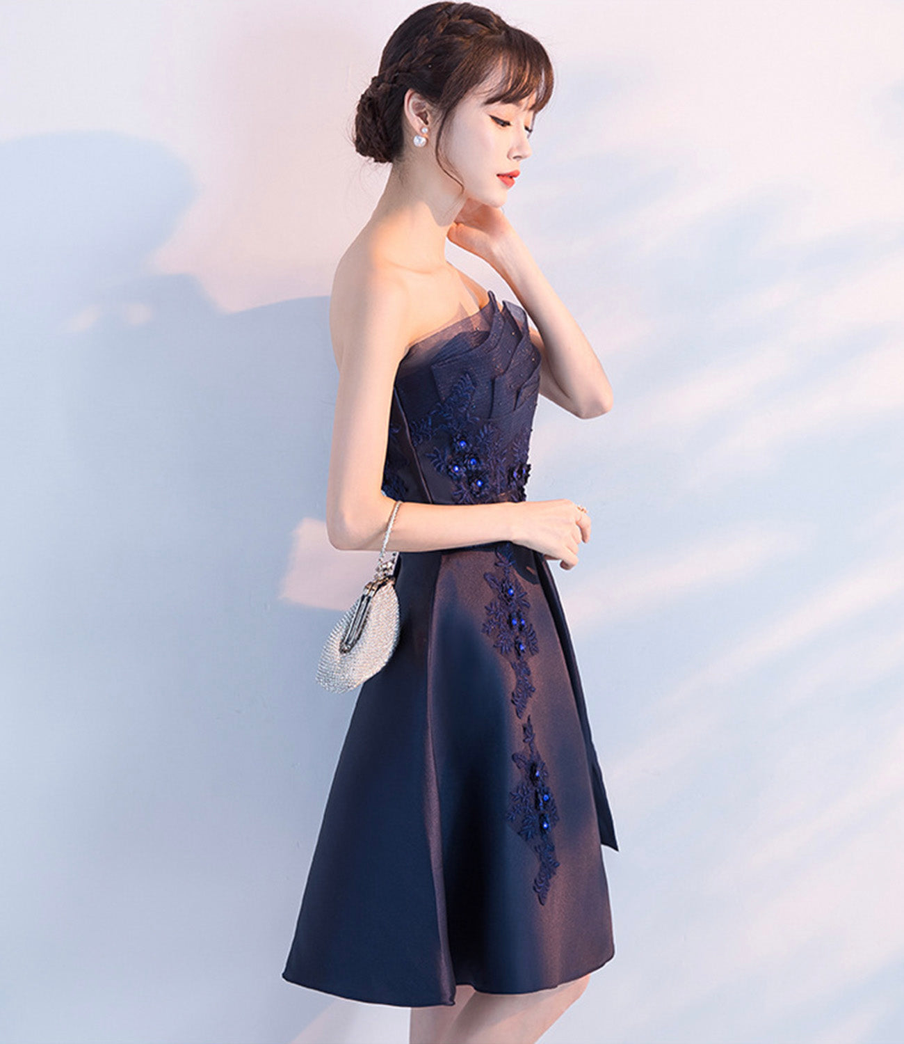 Cute satin short prom dress lace evening dress  8939