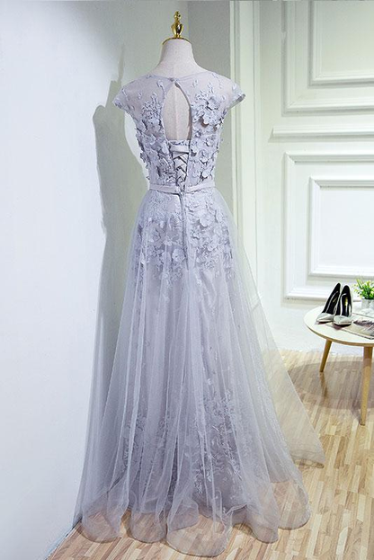 Grey A-Line Tulle Long Prom Dress, Party Dress Grey Bridesmaid Dress gh427