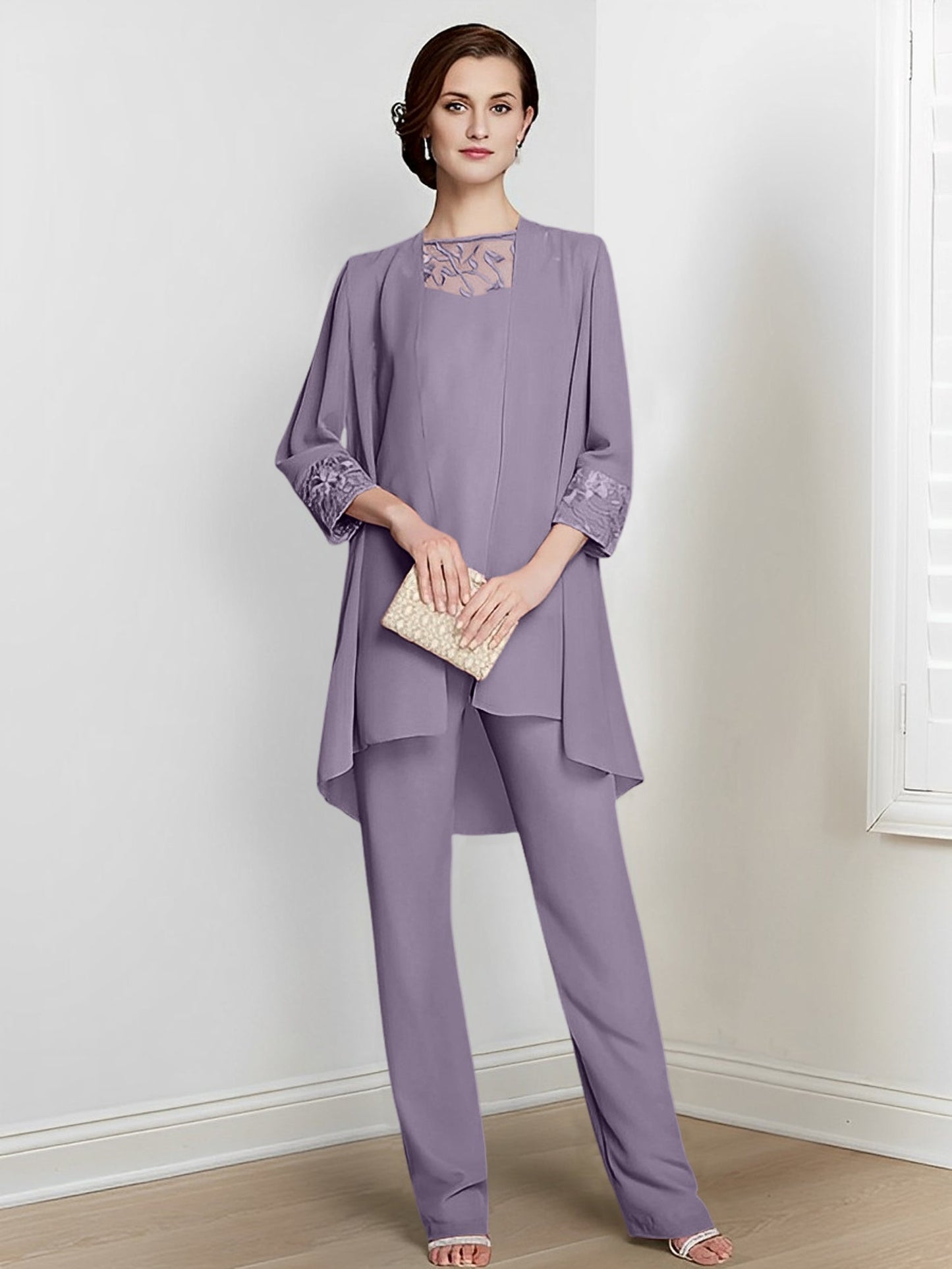 Chiffon Square Neck Long Sleeves Floor-Length Mother Of The Bride Pantsuits With Jacket