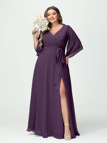 A-Line/Princess/Princess V-Neck Long Sleeves Chiffon Plus Size Bridesmaid Dresses With Pockets Belt & Split Side