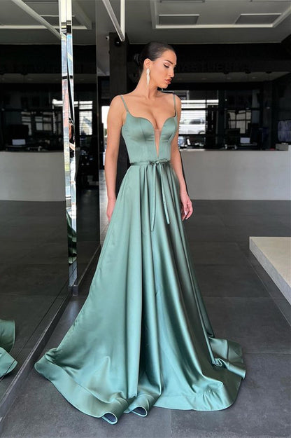 Spaghetti-Straps Long Prom Dress A Line With Belt ED0011