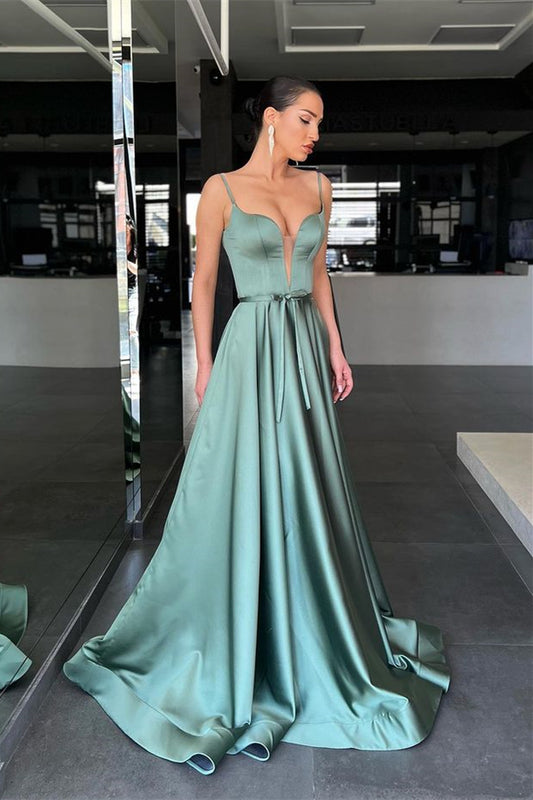 Spaghetti-Straps Long Prom Dress A Line With Belt ED0011