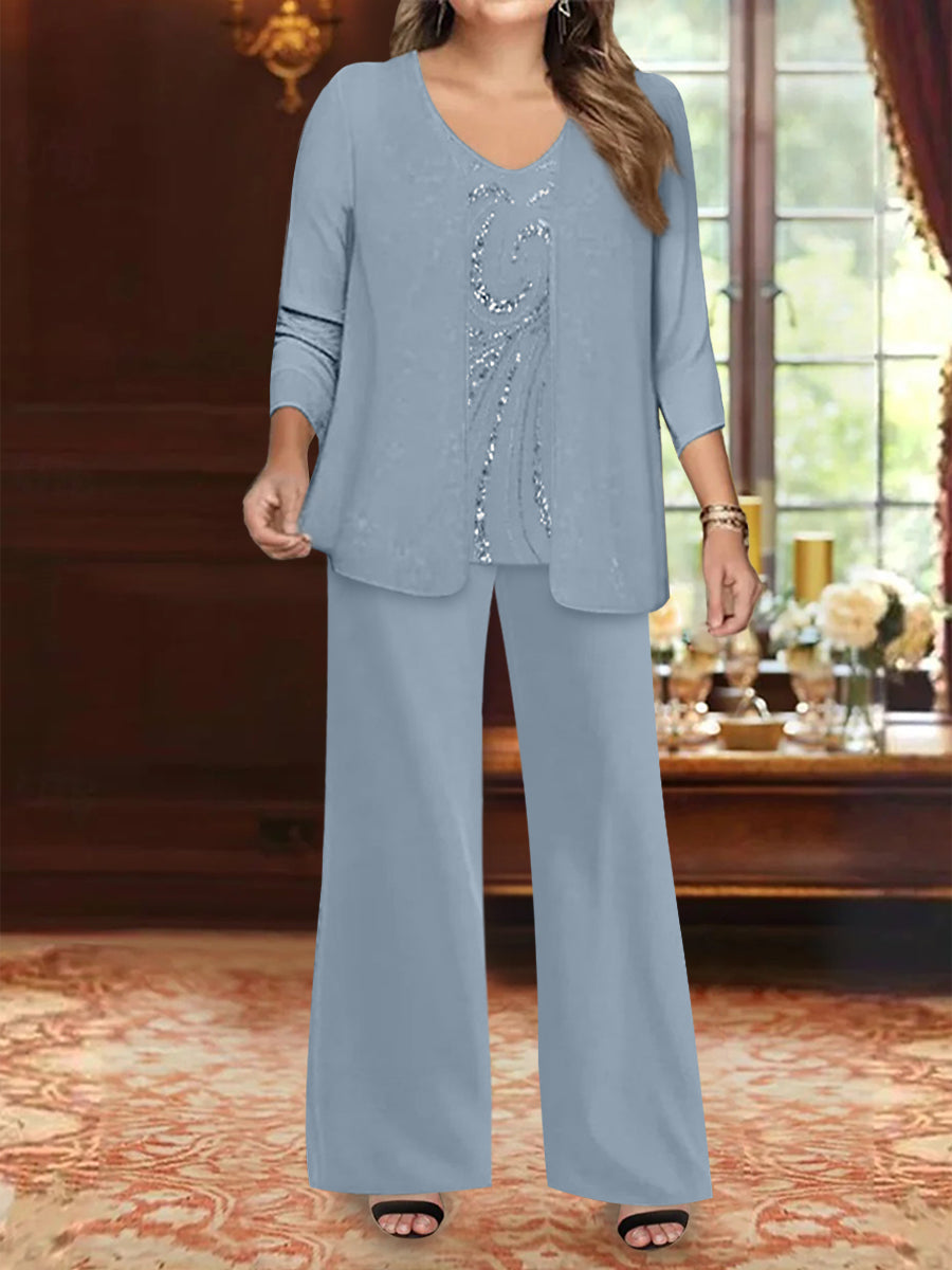 Chiffon V-Neck Floor-Length 3 Pieces Plus Size Mother of the Bride Pantsuits with Jacket & Sequins