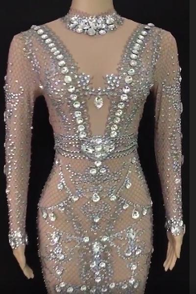 Diamond Gal Diamante Mesh Feather Maxi Dress (Rhinestones) (Ready To Ship)