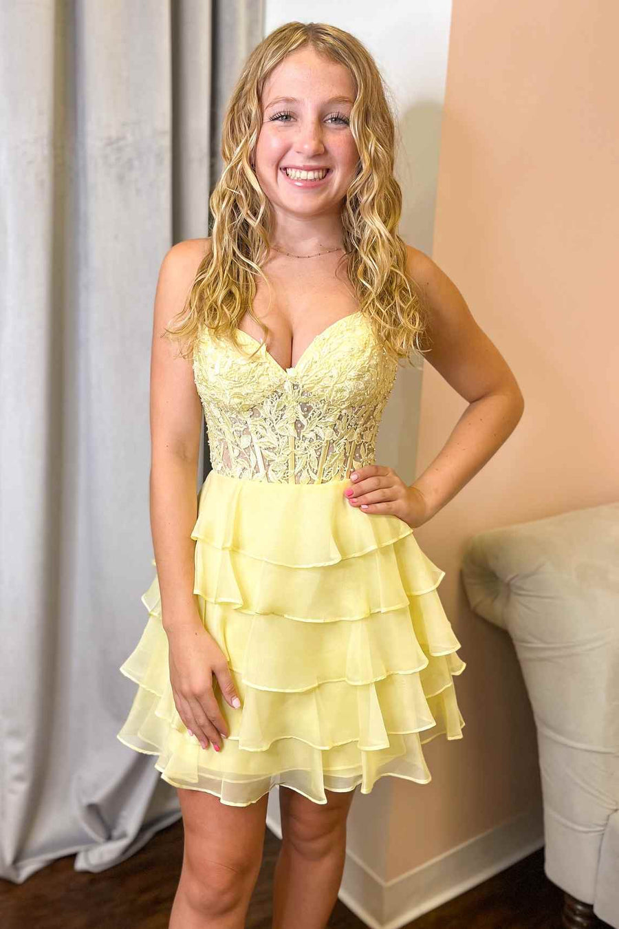 Diana | A-Line Strapless Tiered Corset Short Homecoming Dress with Appliques