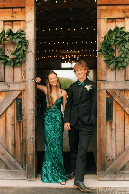 Dominic  | Charming Mermaid V Neck Green Sequins Lace Long Prom Dress with Lace-up