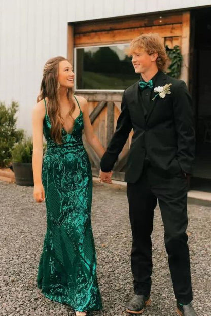 Dominic  | Charming Mermaid V Neck Green Sequins Lace Long Prom Dress with Lace-up