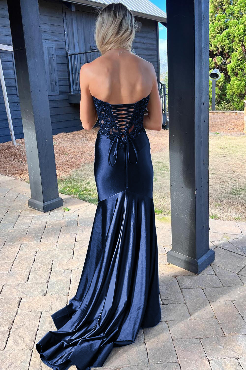 Donya | Mermaid Sweetheart Lace Satin Black Prom Dress with Slit