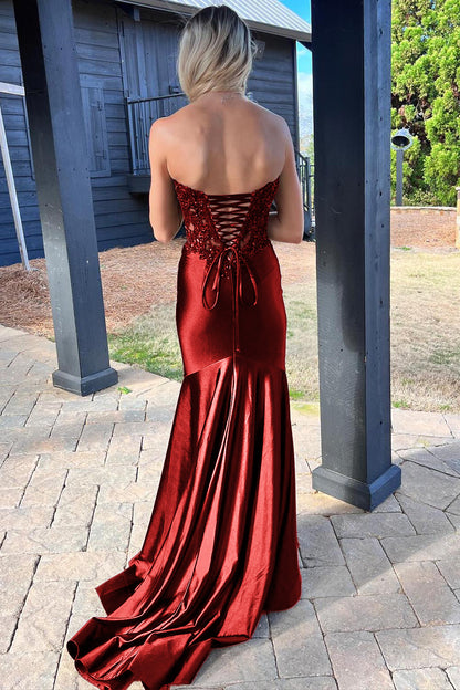 Donya | Mermaid Sweetheart Lace Satin Black Prom Dress with Slit