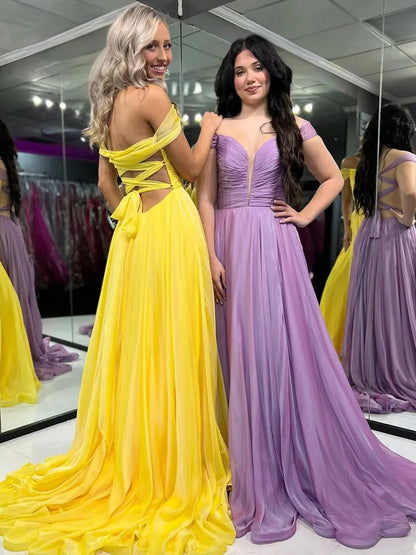 Dorita | A Line Off the Shoulder Chiffon Long Prom Dresses